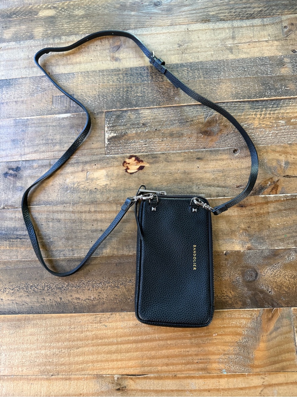 Bandolier - Expanded Zip Pouch in Black/Silver phone crossbody strap leather